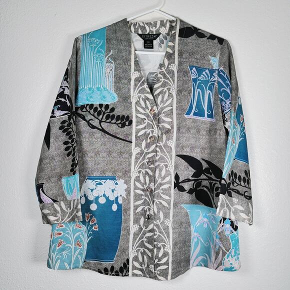 Citron Silk Linen Blouse Art to Wear Button Front Grecian Floral Roomy Medium - Picture 1 of 8